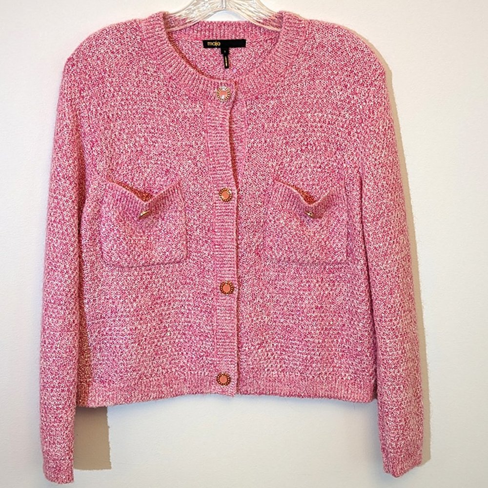 MAJE Marguette Sequin Sweater Cardigan Pink, Gold Buttons, Sz 2 (Medium)